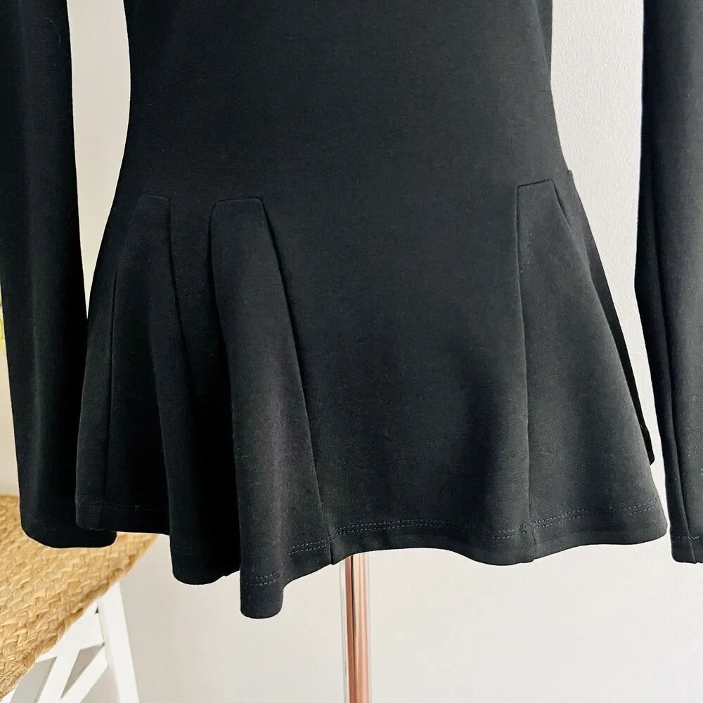 Carmen Marc Valvo Black Peplum Top Ponte Knit Long Sleeve Blouse ~ Size Small - Picture 3 of 6